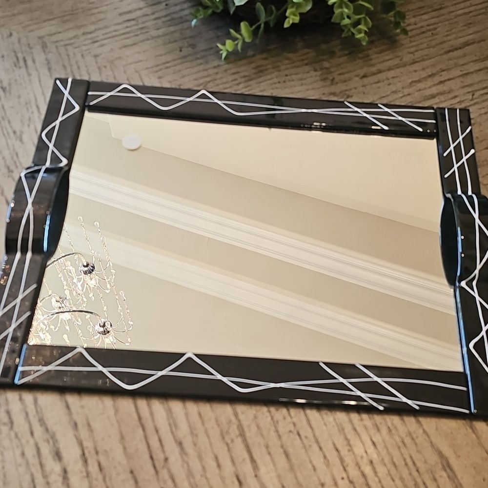 Black Decorative Mirror Serving Tray with White Accent Lines